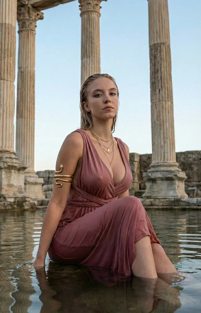 Product Marketing - Sydney Sweeney as Modern Aphrodite in Flooded Ruins