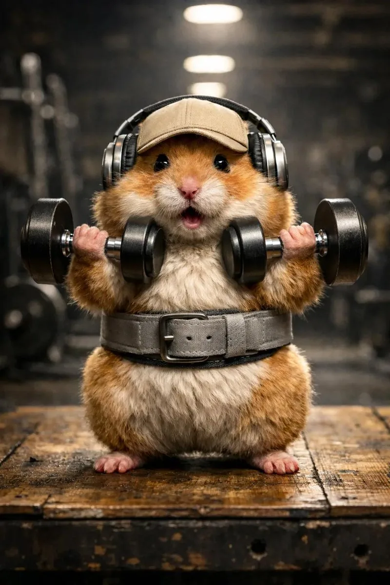 YouTube Thumbnail - Hyper-Detailed Hamster Weightlifting Cinematic Scene