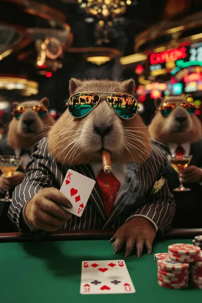 Group Of Capybaras Playing Cards In A Casino