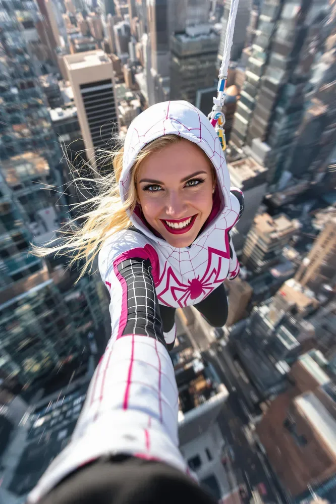 Spider-gwen Taking A Selfie While Swinging Through Nyc