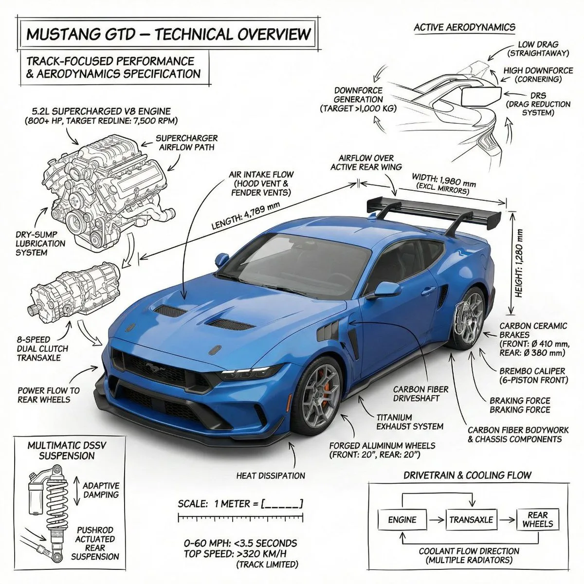 Infographic / Edu Visual - Infographic image of Mustang GTD with technical annotations