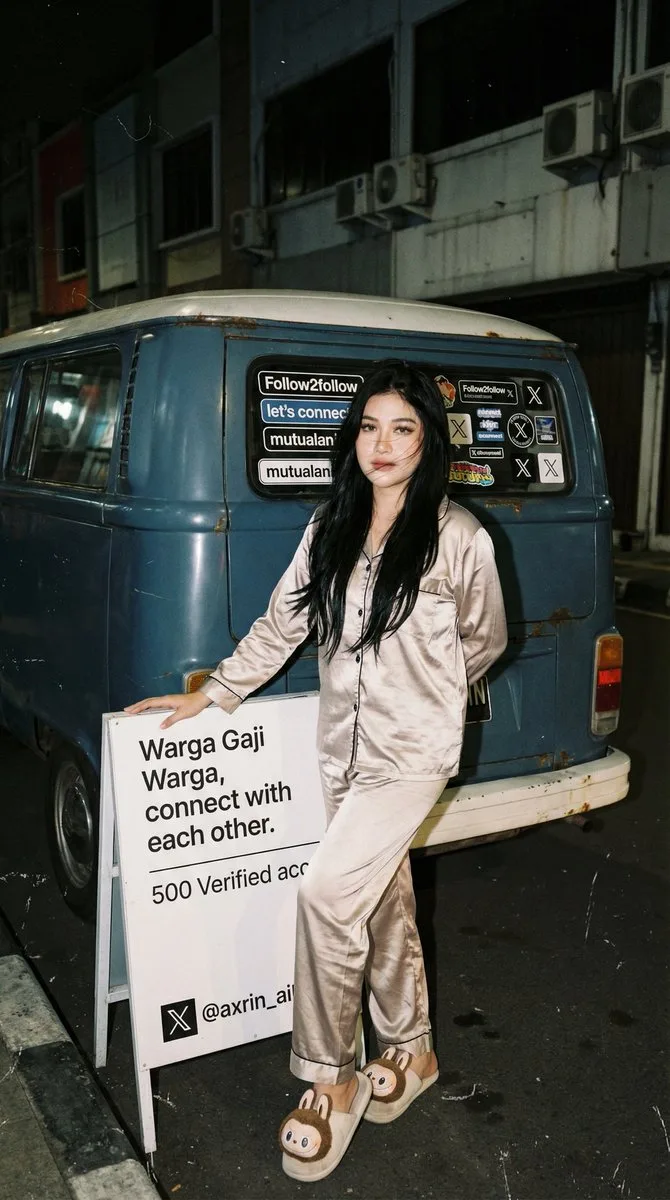 Social Media Post - Analog 35mm Flash Photo of Woman by VW Combi Van at Night