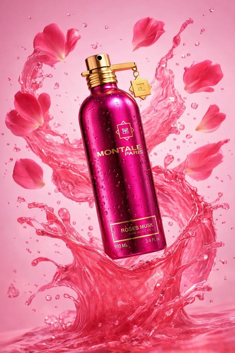 Product Marketing - Luxury Product Photography of Perfume Bottle with Floating Flowers