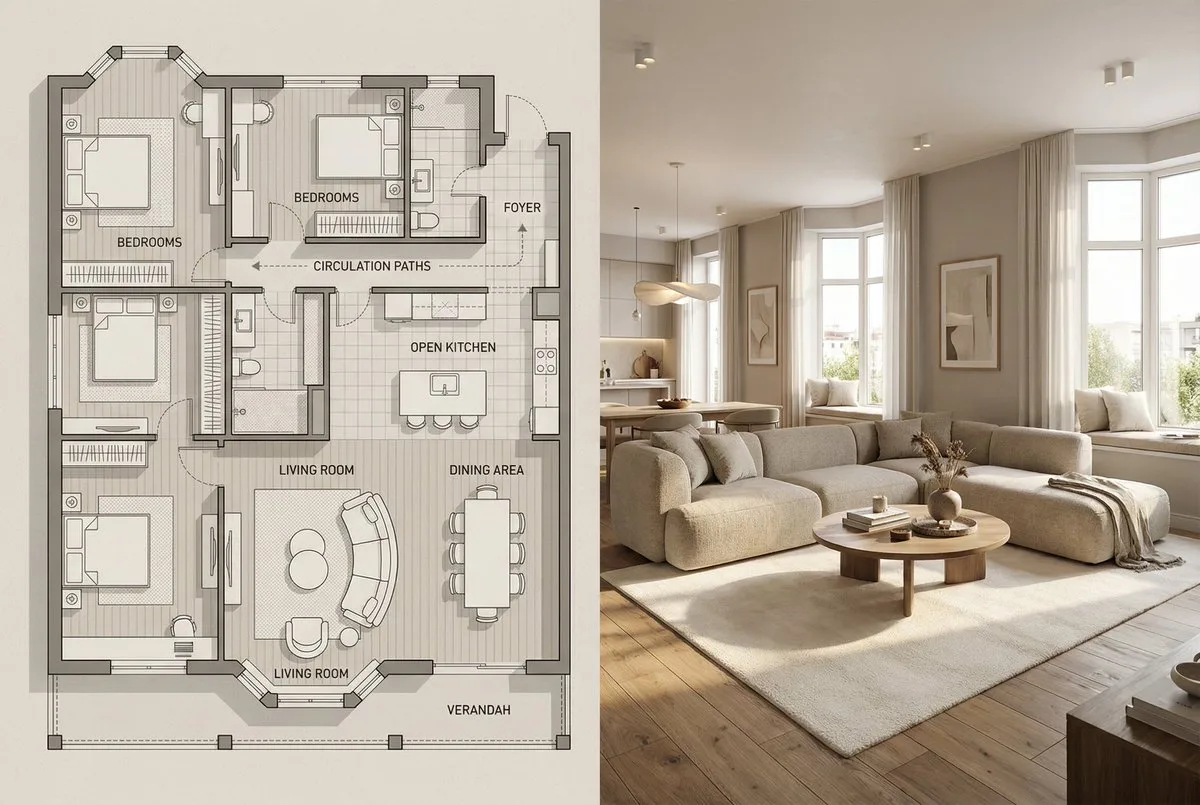 Product Marketing - Architectural Floor Plan and Realistic Interior Photo Generation