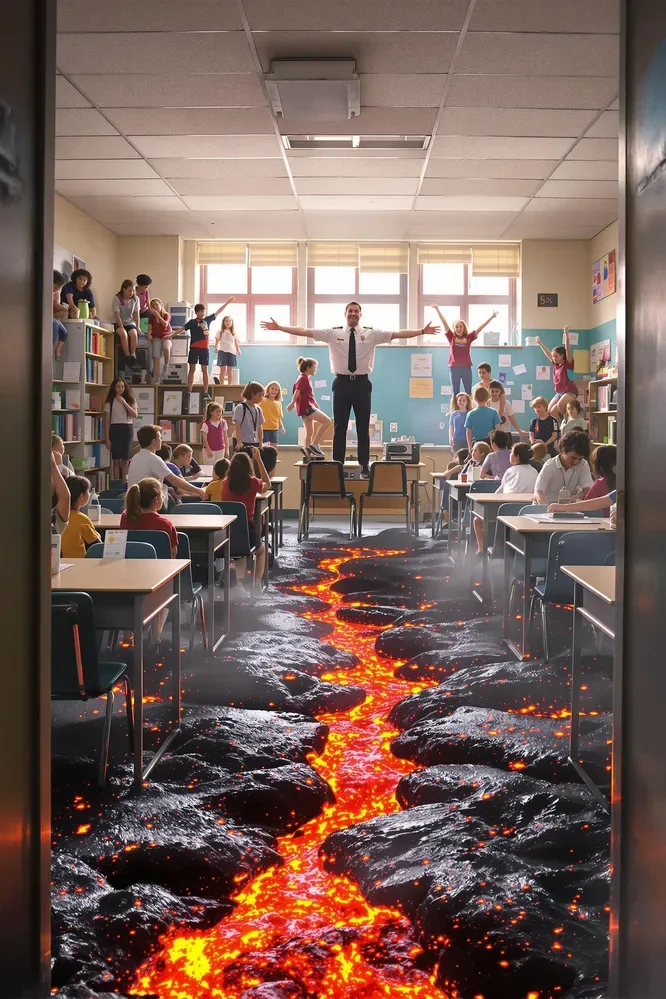 A Photorealistic Elementary School Classroom Erupts Into A