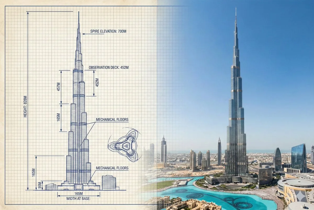 Infographic / Edu Visual - Burj Khalifa Technical Sketch and Real Photo Comparison
